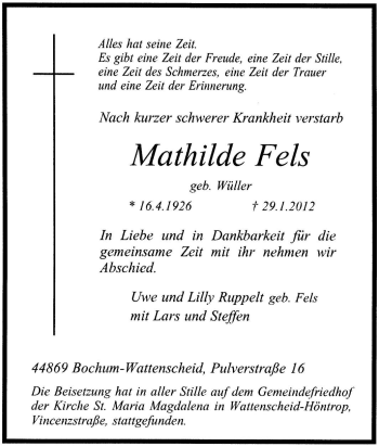 Traueranzeige von Mathilde Fels von Tageszeitung