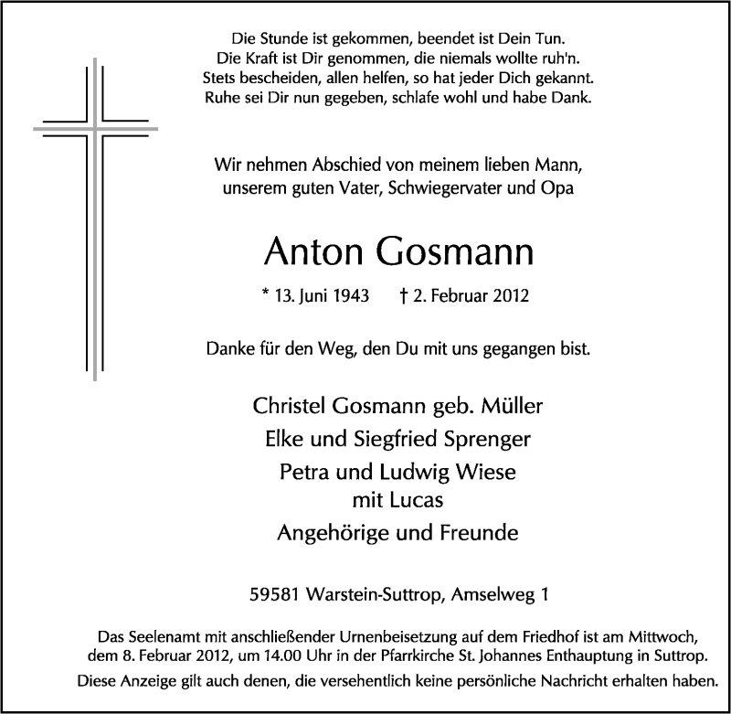  Traueranzeige für Anton Gosman vom 04.02.2012 aus WESTDEUTSCHE ALLGEMEINE ZEITUNG