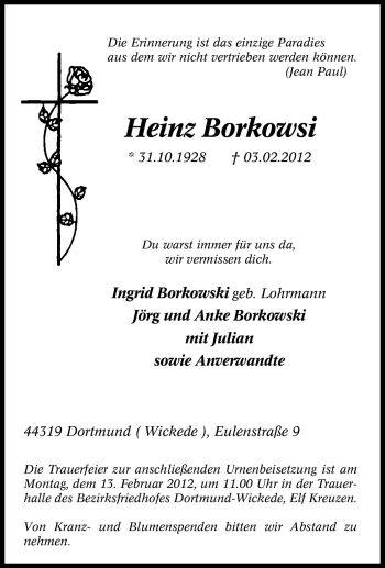 Traueranzeige von Heinz Borkowsi von Tageszeitung