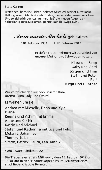 Traueranzeige von Annemarie Michels von Tageszeitung