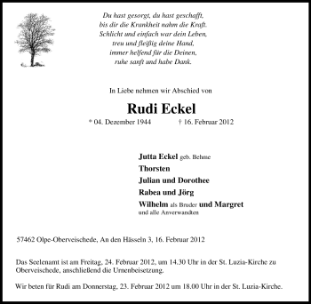 Traueranzeige von Rudi Eckel von Tageszeitung
