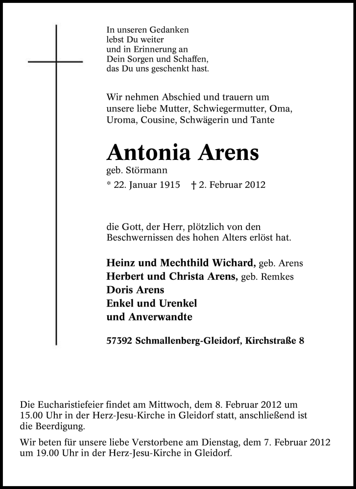 Traueranzeige für Antonia Arens vom 04.02.2012 aus Tageszeitung
