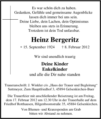Traueranzeige von Heinz Bergeritz von Tageszeitung