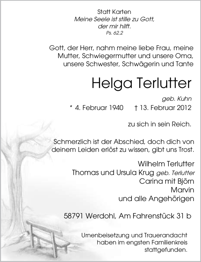  Traueranzeige für Helga Terlutter vom 18.02.2012 aus Tageszeitung
