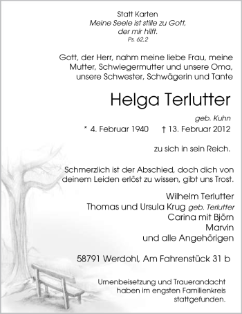 Traueranzeige von Helga Terlutter von Tageszeitung