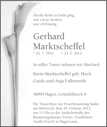 Traueranzeige von Gerhard Marktscheffel von Tageszeitung