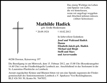 Traueranzeige von Mathilde Hadick von Tageszeitung