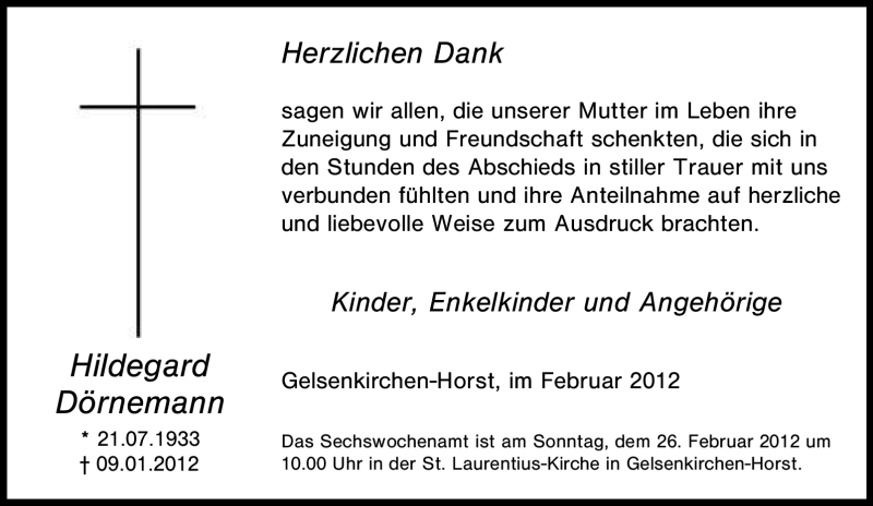  Traueranzeige für Hildegard Dörnemann vom 18.02.2012 aus Tageszeitung