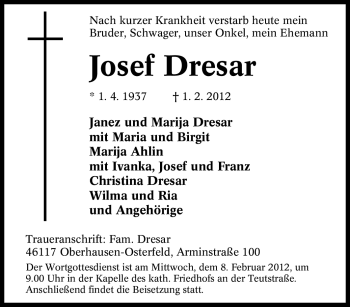 Traueranzeige von Josef Dresar von Tageszeitung