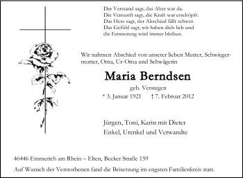 Traueranzeige von Maria Berndsen von Tageszeitung