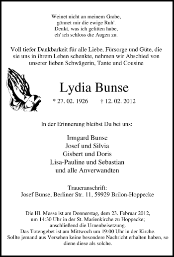 Traueranzeige von Lydia Bunse von Tageszeitung