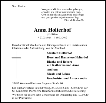 Traueranzeige von Anna Holterhof von Tageszeitung