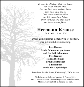 Traueranzeige von Hermann Krause von Tageszeitung