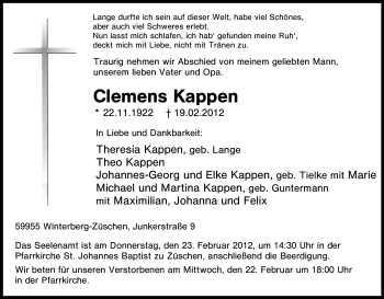Traueranzeige von Clemens Kappen von Tageszeitung