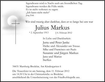Traueranzeige von Julius Markus von Tageszeitung