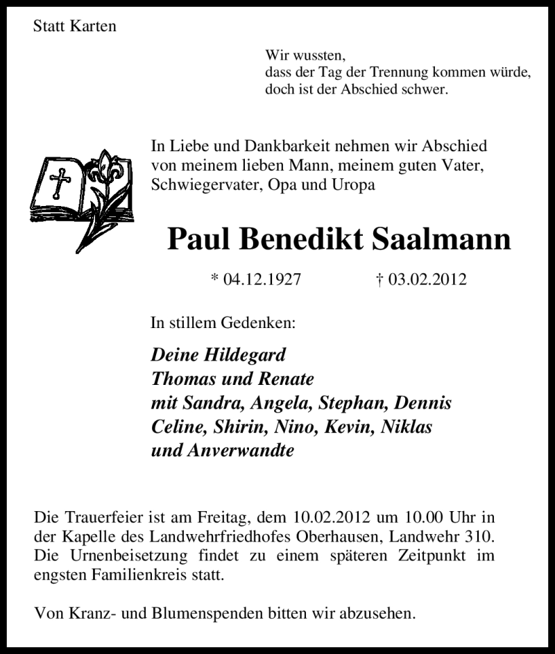  Traueranzeige für Paul Benedikt Saalmann vom 07.02.2012 aus Tageszeitung