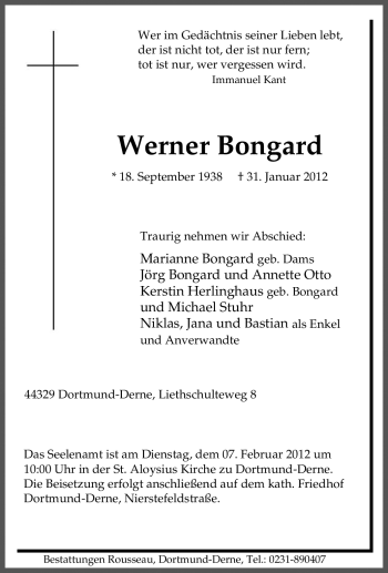 Traueranzeige von Werner Bongard von Tageszeitung