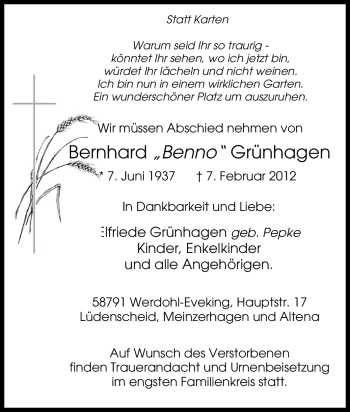 Traueranzeige von Bernhard Grünhagen von Tageszeitung