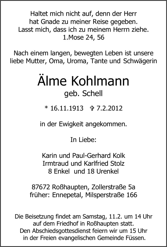  Traueranzeige für lme Kohlmann vom 11.02.2012 aus Tageszeitung