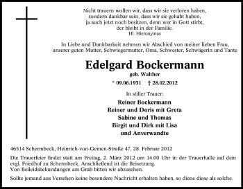 Traueranzeige von Edelgard Bockermann von Tageszeitung