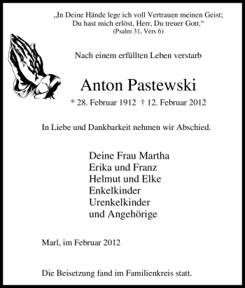 Traueranzeige von Anton Pastewski von Tageszeitung