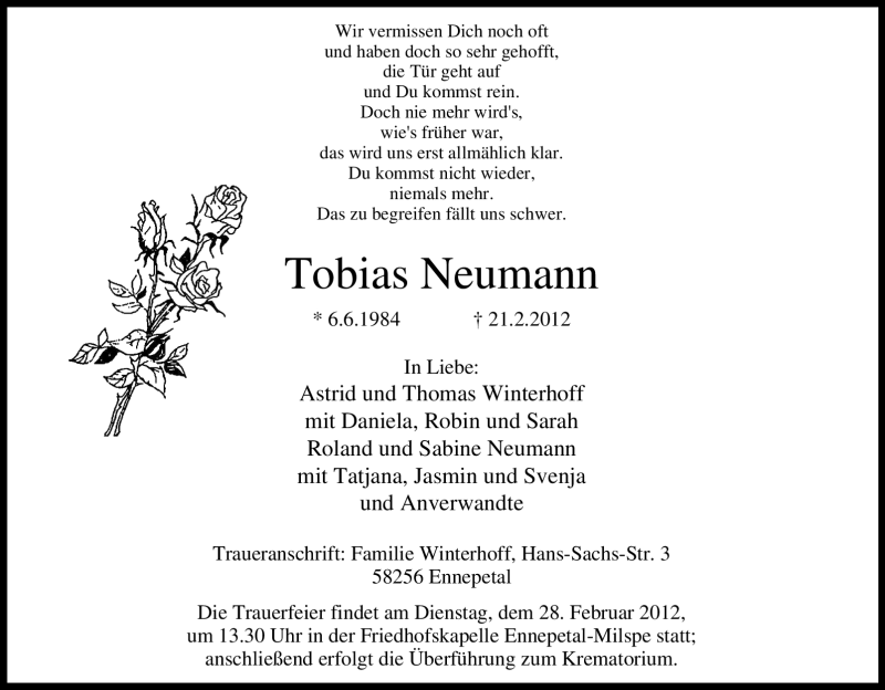  Traueranzeige für Tobias Neumann vom 25.02.2012 aus Tageszeitung