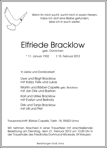 Traueranzeige von Elfriede Bracklow von Tageszeitung