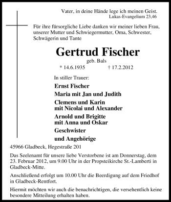 Traueranzeige von Gertrud Fischer von Tageszeitung