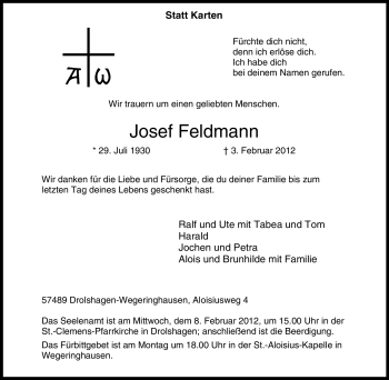 Traueranzeige von Josef Feldmann von Tageszeitung