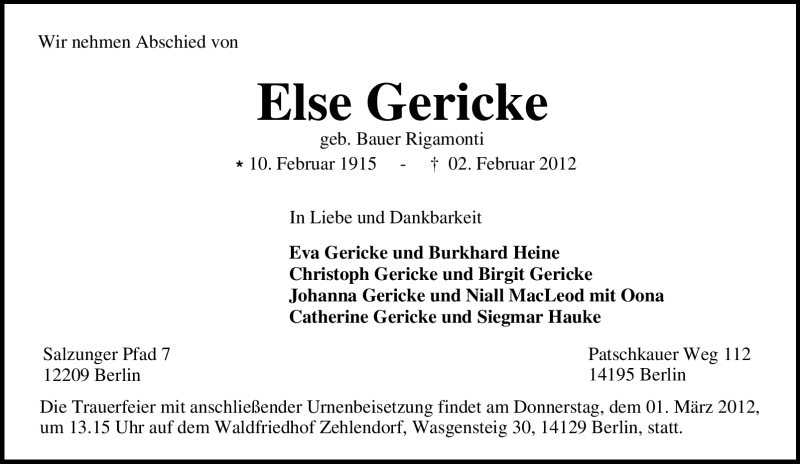  Traueranzeige für Else Gericke vom 11.02.2012 aus Tageszeitung