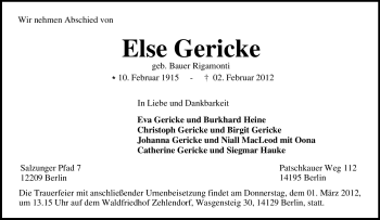 Traueranzeige von Else Gericke von Tageszeitung
