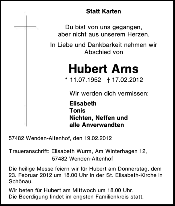 Traueranzeige von Hubert Arns von Tageszeitung