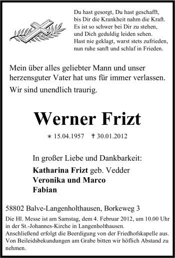Traueranzeige von Werner Frizt von Tageszeitung