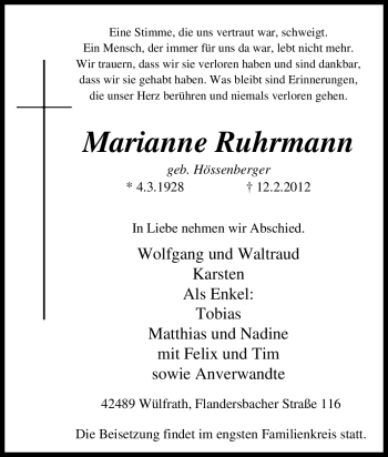 Traueranzeige von Marianne Ruhrmann von Tageszeitung