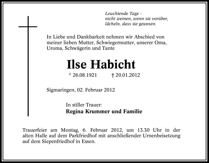  Traueranzeige für Ilse Habicht vom 02.02.2012 aus Tageszeitung
