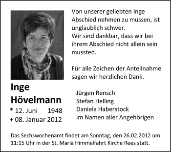 Traueranzeige von Inge Hövelmann von Tageszeitung