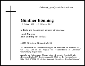 Traueranzeige von Günther Bönning von Tageszeitung