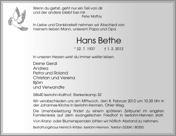 Traueranzeige von Hans Bethe von Tageszeitung