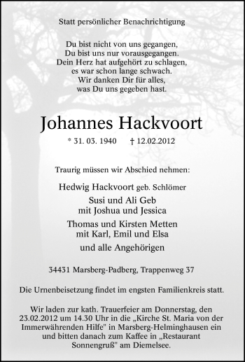Traueranzeige von Johannes Hackvoort von Tageszeitung