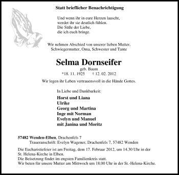 Traueranzeige von Selma Dornseifer von Tageszeitung