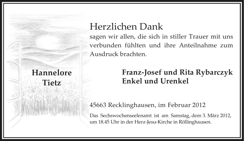  Traueranzeige für Hannelore Tietz vom 25.02.2012 aus Tageszeitung