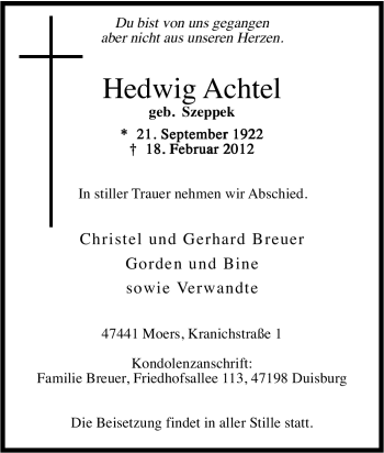 Traueranzeige von Hedwig Achtel von Tageszeitung