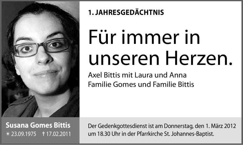  Traueranzeige für Susana Gomes Bittis vom 18.02.2012 aus Tageszeitung