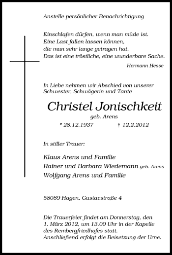 Traueranzeige von Christel Jonischkeit von Tageszeitung