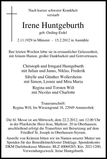 Traueranzeige von Irene Huntgeburth von Tageszeitung