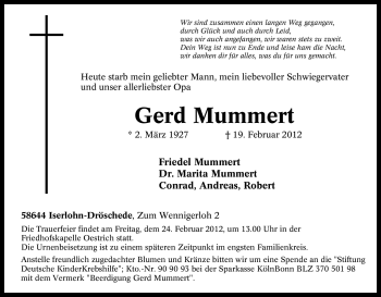 Traueranzeige von Gerd Mummert von Tageszeitung