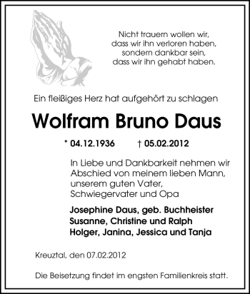 Traueranzeige von Wolfram Bruno Daus von Tageszeitung