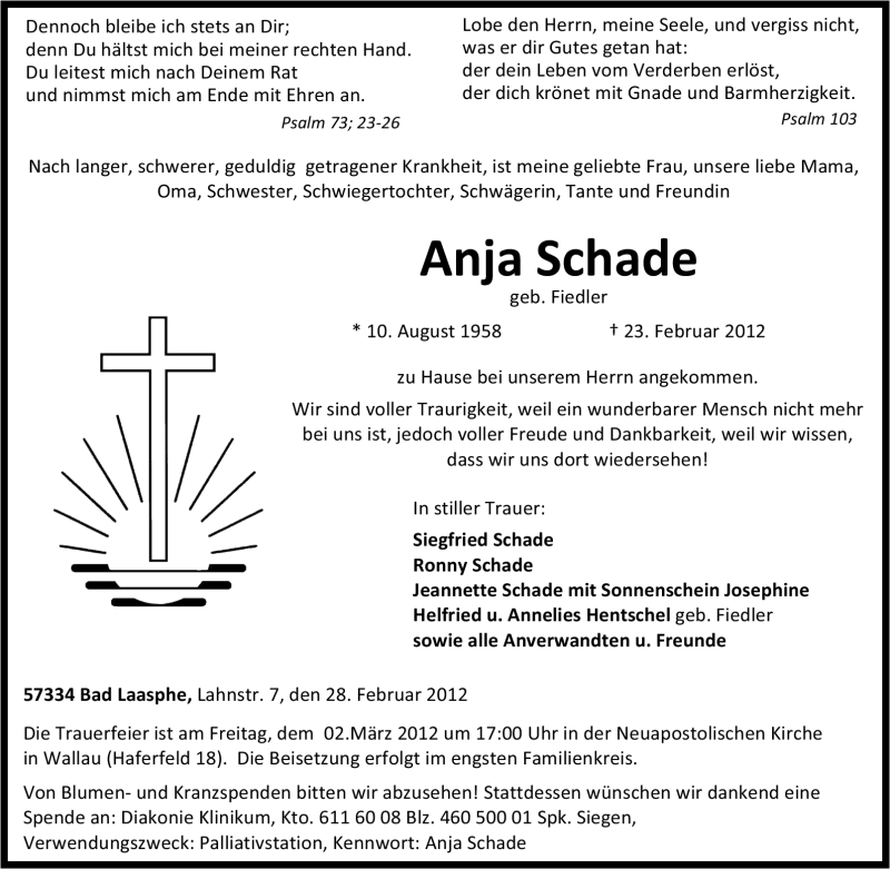  Traueranzeige für Anja Schade vom 28.02.2012 aus Tageszeitung