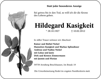 Traueranzeige von Hildegard Kasigkeit von Tageszeitung