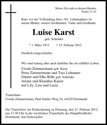 Traueranzeige von Luise Karst von Tageszeitung